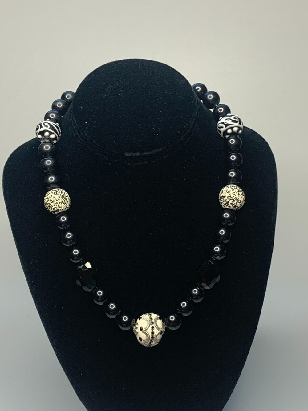 Black & White Beaded Statement Necklace, Glass Beads, 18 Length